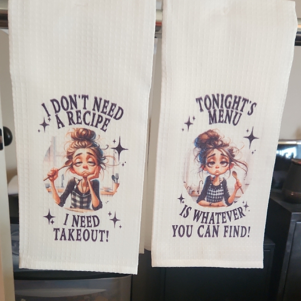 Exhausted MOM Humorous Kitchen Towels - White. Hand Crafted. Set Of 2.